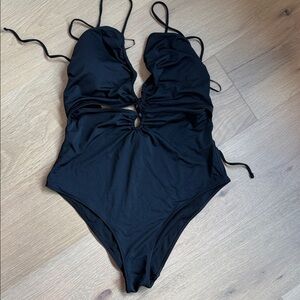 New Zara Stylish Black One Piece Swimsuit cut out Brazilian back size xl
